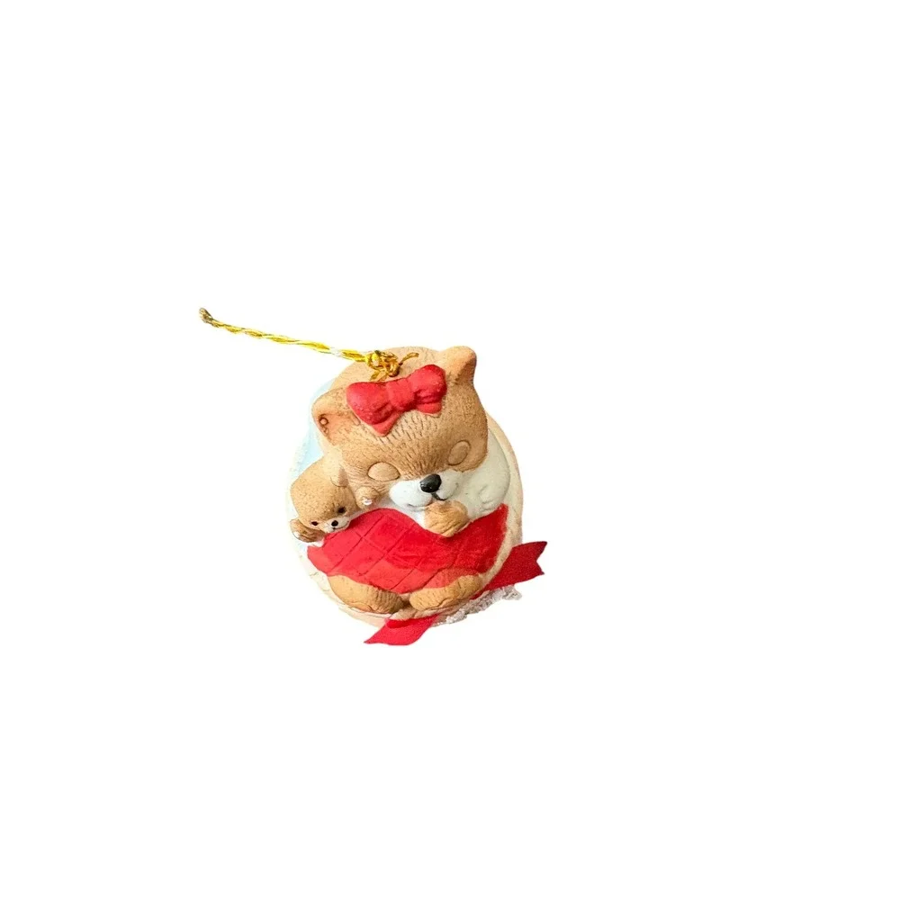 Vintage JASCO Taiwan Bear‎ Bell Christmas Ornament Mama Baby Bear Basket Lace 3